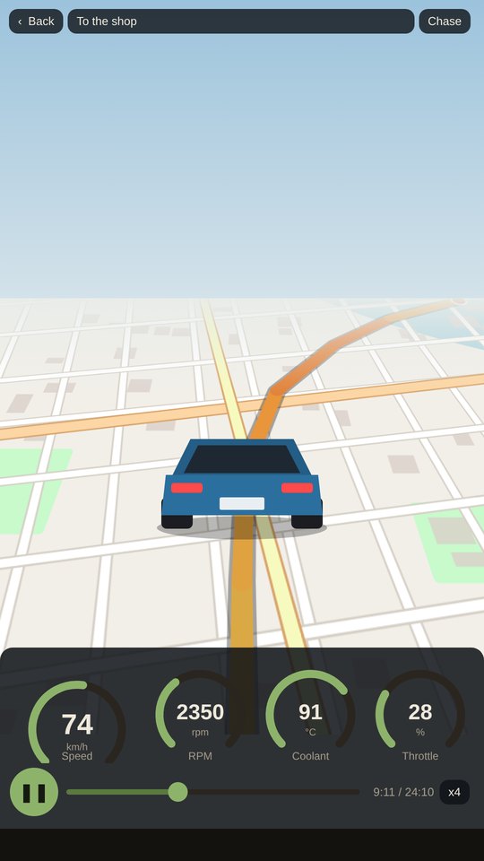 A drive replayed in 3D with gauges