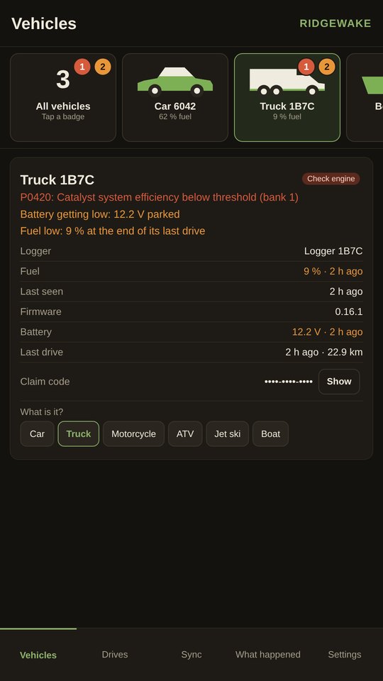 The Ridgewake app's Vehicles tab: each vehicle drawn with its fuel filled in green, and red and orange circles counting what needs a look